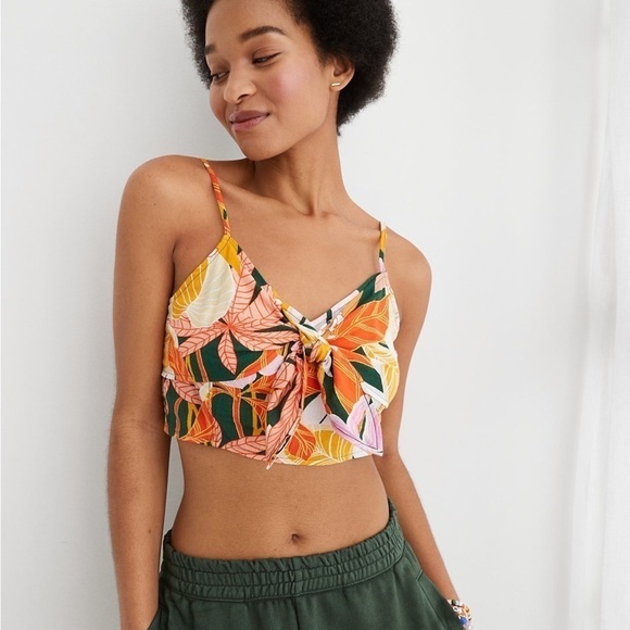 🦋 NWT Aerie Pink Orange Tie Front Crop Top Tropical Beach Vacation Small - Picture 1 of 10